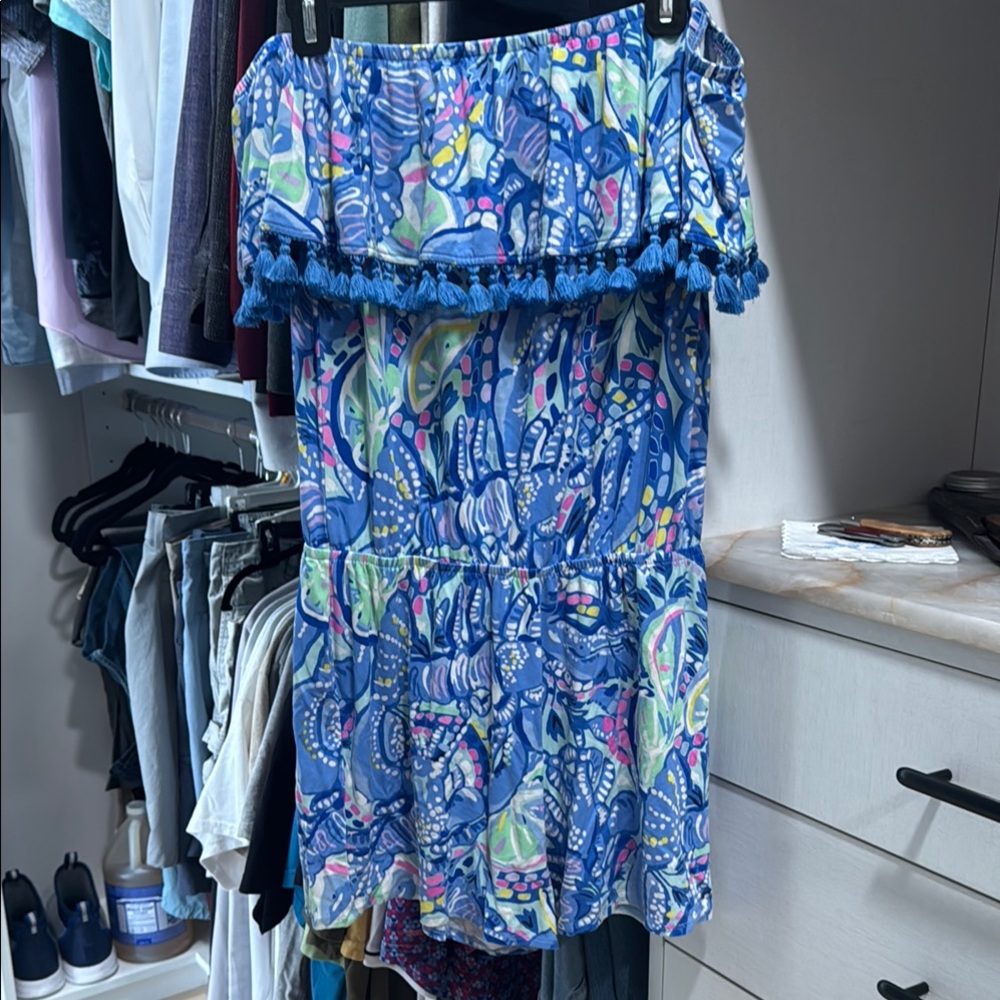 Lilly Pulitzer La Fortuna Tassel Pinch Blue Shorts Romper Off Shoulder Size M